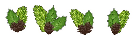 cones, leaves and fir branches, isolated objects. Vector illustration. Traditional Christmas decoration in flat design. vector illustrationのイラスト素材