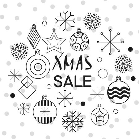 Christmas cards and Happy new year 2019. Holiday vector illustration with inscription compositions, snowflakes and Christmas toys. Christmas sale. Vintage Holiday Label. vector illustrationのイラスト素材