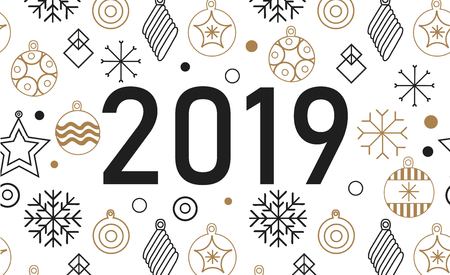 Christmas cards and Happy new year 2019. Holiday vector illustration with inscription compositions, snowflakes and Christmas toys. Christmas sale. Vintage Holiday Label. vector illustrationの写真素材