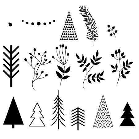 A set of simple Christmas objects. color illustration of Christmas trees, snowflakes, leaves, branches, cranberries, berries. flat design. winter illustrationのイラスト素材
