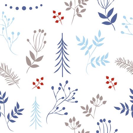 A set of simple Christmas patterns. color illustration of Christmas trees, snowflakes, leaves, branches, cranberries, berries. flat design. winter illustrationのイラスト素材