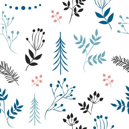 A set of simple Christmas patterns. color illustration of Christmas trees, snowflakes, leaves, branches, cranberries, berries. flat design. winter illustrationのイラスト素材