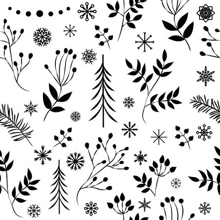A set of simple Christmas patterns. color illustration of Christmas trees, snowflakes, leaves, branches, cranberries, berries. flat design. winter vector illustrationのイラスト素材