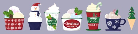 set of colorful delicious cupcakes, cakes, desserts, ice cream and donuts. Cupcake icons, flat style. Vector illustration. elements for new year, holiday cards, birthday cardsのイラスト素材