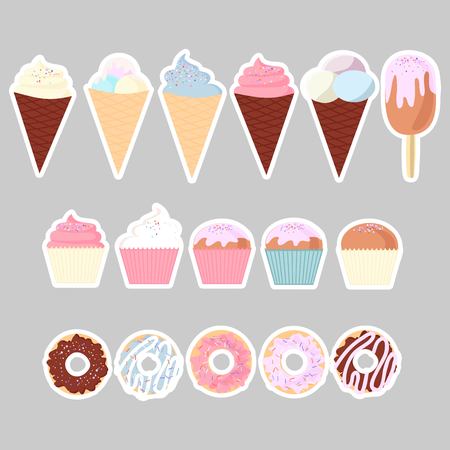 set of colorful delicious cupcakes, cakes, desserts, ice cream and donuts. Cupcake icons, flat style. Vector illustration. elements for new year, holiday cards, birthday cardsの写真素材