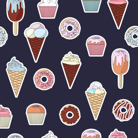 set of colorful delicious cupcakes, cakes, desserts, ice cream and donuts. Cupcake icons, flat style. Vector illustration. elements for new year, holiday cards, birthday cardsのイラスト素材