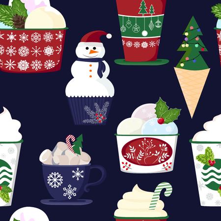 pattern of a set of colorful delicious cupcakes, cakes, desserts, ice cream with Christmas and new year decorations.flat style. Vector. elements for the new year, holiday cards, greeting cards. vector illustrationのイラスト素材