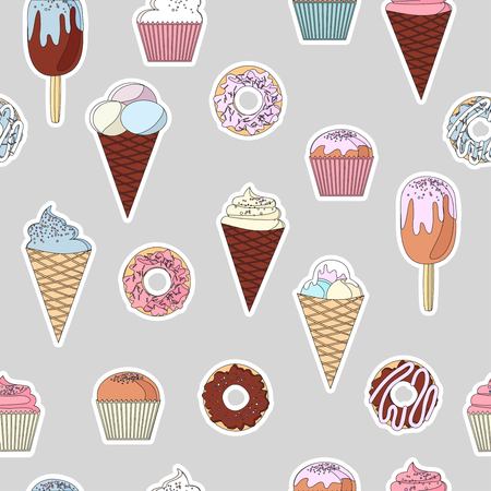 set of colorful delicious cupcakes, cakes, desserts, ice cream and donuts. Cupcake icons, flat style. Vector illustration. elements for new year, holiday cards, birthday cardsの写真素材