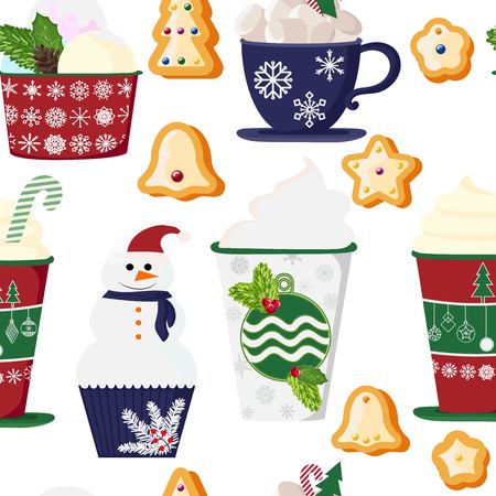 pattern of a set of colorful delicious cupcakes, cakes, desserts, ice cream with Christmas and new year decorations.flat style. Vector. elements for the new year, holiday cards, greeting cards. vector illustrationのイラスト素材