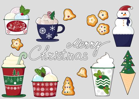 background of a set of colorful delicious cupcakes, cakes, desserts, ice cream with Christmas and new year decorations.flat style. Vector. elements for the new year, holiday cards, greeting cards. vector illustrationのイラスト素材