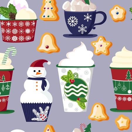 pattern of a set of colorful delicious cupcakes, cakes, desserts, ice cream with Christmas and new year decorations.flat style. Vector. elements for the new year, holiday cards, greeting cards. vector illustrationのイラスト素材