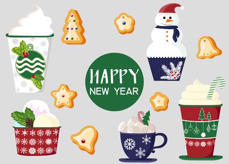 background of a set of colorful delicious cupcakes, cakes, desserts, ice cream with Christmas and new year decorations.flat style. Vector. elements for the new year, holiday cards, greeting cards. vector illustrationのイラスト素材