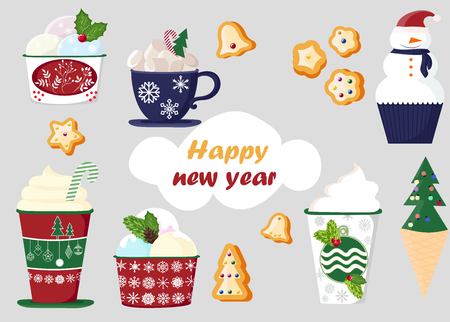 background of a set of colorful delicious cupcakes, cakes, desserts, ice cream with Christmas and new year decorations.flat style. Vector. elements for the new year, holiday cards, greeting cards. vector illustrationの写真素材