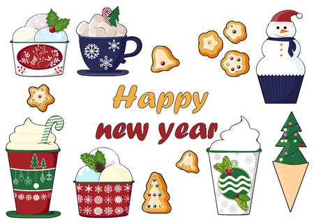background of a set of colorful delicious cupcakes, cakes, desserts, ice cream with Christmas and new year decorations.flat style. Vector. elements for the new year, holiday cards, greeting cards. vector illustrationの写真素材