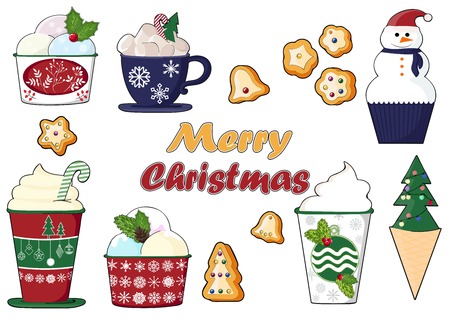 background of a set of colorful delicious cupcakes, cakes, desserts, ice cream with Christmas and new year decorations.flat style. Vector. elements for the new year, holiday cards, greeting cards. vector illustrationの写真素材