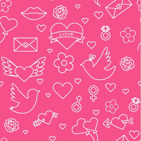 Valentines day seamless pattern. Love, romance flat line icons - hearts, engagement ring, kiss, balloons, doves, valentine card. Red, blue wallpaper for february 14 celebration.vectorのイラスト素材