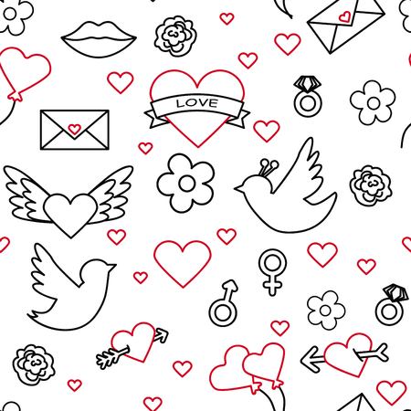 Valentines day seamless pattern. Love, romance flat line icons - hearts, engagement ring, kiss, balloons, doves, valentine card. Red, blue wallpaper for february 14 celebration.vectorのイラスト素材
