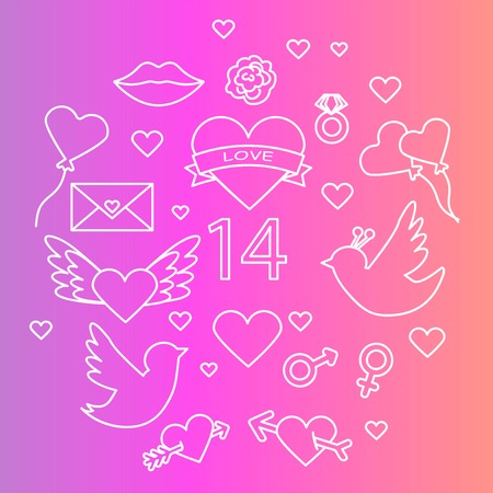 Valentines day seamless pattern. Love, romance flat line icons - hearts, engagement ring, kiss, balloons, doves, valentine card. Red, blue wallpaper for february 14 celebration.vectorの写真素材