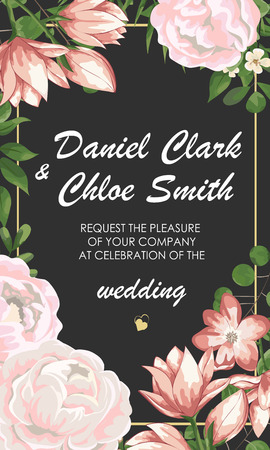 Wedding floral invite, invtation, save the date card design. Watercolor blush pink roses, cute white garden peony flowers, green leaves, greenery fern, golden geometrical decoration. card with peonies and pink flowers, wedding invitationのイラスト素材