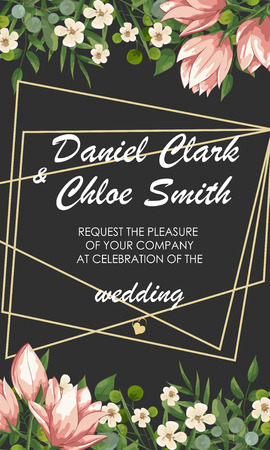 Wedding floral invite, invtation, save the date card design. Watercolor blush pink roses, cute white garden peony flowers, green leaves, greenery fern, golden geometrical decoration. card with peonies and pink flowers, wedding invitationのイラスト素材