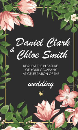 Wedding floral invite, invtation, save the date card design. Watercolor blush pink roses, cute white garden peony flowers, green leaves, greenery fern, golden geometrical decoration. card with peonies and pink flowers, wedding invitationのイラスト素材