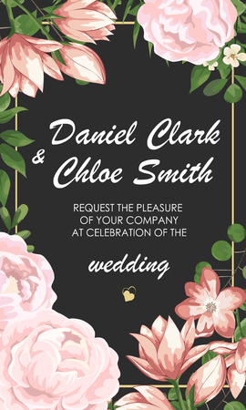 Wedding floral invite, invtation, save the date card design. Watercolor blush pink roses, cute white garden peony flowers, green leaves, greenery fern, golden geometrical decoration. card with peonies and pink flowers, wedding invitationのイラスト素材