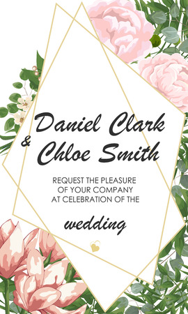 Wedding floral invite, invtation, save the date card design. Watercolor blush pink roses, cute white garden peony flowers, green leaves, greenery fern, golden geometrical decoration. card with peonies and pink flowers, wedding invitationのイラスト素材