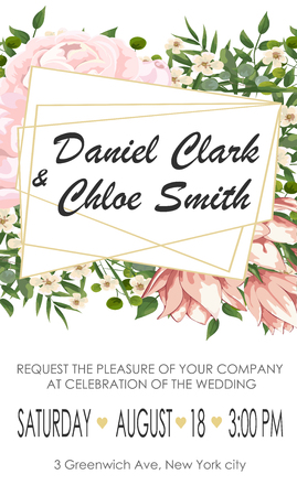 Wedding floral invite, invtation, save the date card design. Watercolor blush pink roses, cute white garden peony flowers, green leaves, greenery fern, golden geometrical decoration. card with peonies and pink flowers, wedding invitationのイラスト素材
