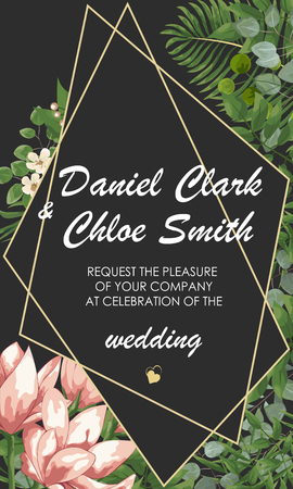Wedding floral invite, invtation, save the date card design. Watercolor blush pink roses, cute white garden peony flowers, green leaves, greenery fern, golden geometrical decoration. card with peonies and pink flowers, wedding invitationのイラスト素材