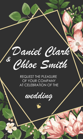 Wedding floral invite, invtation, save the date card design. Watercolor blush pink roses, cute white garden peony flowers, green leaves, greenery fern, golden geometrical decoration. Romantic templateのイラスト素材