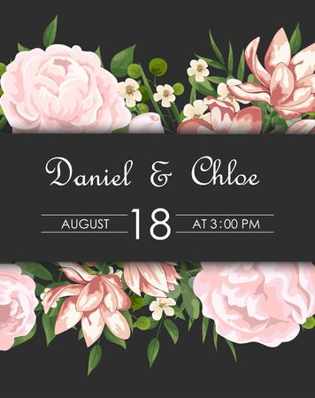 Wedding floral invite, invtation, save the date card design. Watercolor blush pink roses, cute white garden peony flowers, green leaves, greenery fern, golden geometrical decoration. card with peonies and pink flowers, wedding invitationのイラスト素材