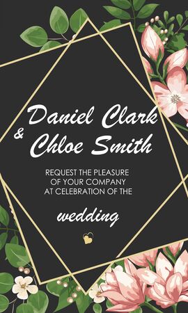 Wedding floral invite, invtation, save the date card design. Watercolor blush pink roses, cute white garden peony flowers, green leaves, greenery fern, golden geometrical decoration. card with peonies and pink flowers, wedding invitationのイラスト素材