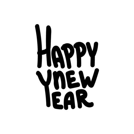 Happy New Year hand lettering calligraphy isolated on white background. Vector holiday illustration element. black inscription textのイラスト素材
