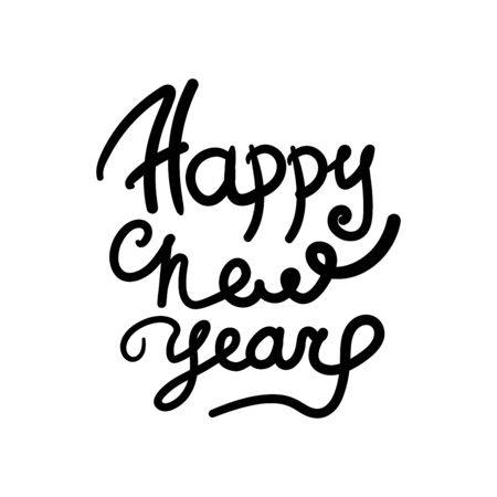 Happy New Year hand lettering calligraphy isolated on white background. Vector holiday illustration element. black inscription textのイラスト素材