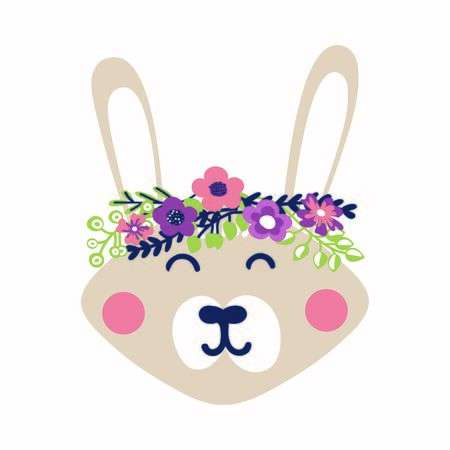 A cute rabbit with a wreath on his head. Cartoon character, flat style. Vector image. Spring Bunnyのイラスト素材