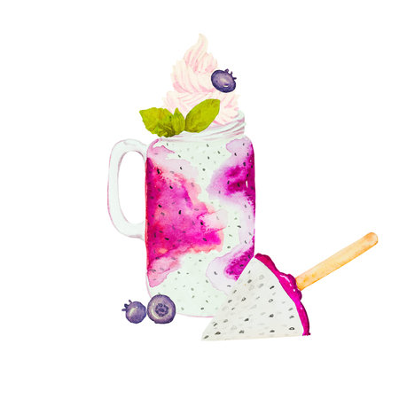 Pitahaya drink with blueberries mint and cream, pitahaya ice cream, drawing on a white background. Watercolor hand drawn art illustration. For cards, handmade textiles, prints, menus, poster.の写真素材