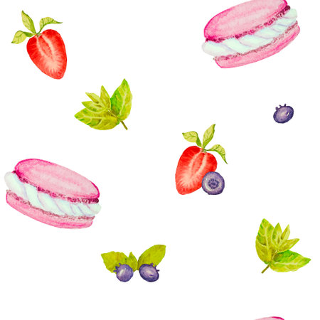 Blueberries mint, macaroons and strawberries, drawing on a white background. Watercolor hand drawn art illustration. For cards, handmade textiles, prints, menus, poster.の写真素材