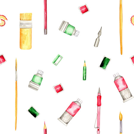 pencils and brushes with paints are drawn in watercolorsの写真素材