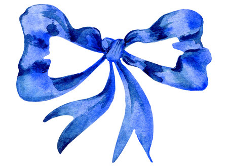 blue bow drawn in aquarelle thin ribbon for decoration, holiday, cardsの写真素材