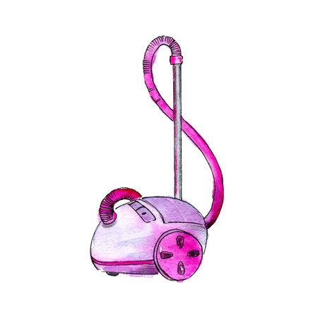 pink vacuum cleaner, modern, round on wheels, drawn in watercolor on a white backgroundの写真素材