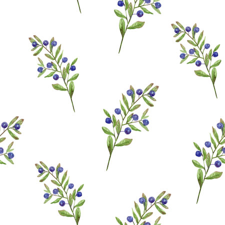 blueberry branch with leaves and berries, ripe wild berries, seamless watercolor pattern on white or transparent background for food packaging, cosmetics, wrapping paperの写真素材