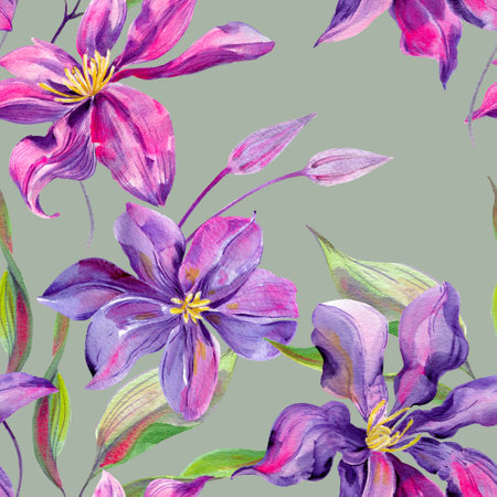 Clematis flowers and buds, leaves multicolored, graceful Seamless pattern on green pastel backgroundの写真素材