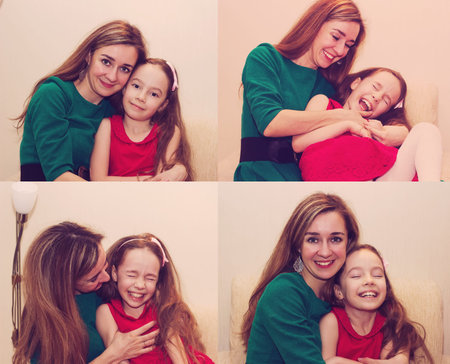 Motherhood is pure joy. Collage of  beautiful young woman hugging little girl, smiling and looking at her with love. Mother and daughter having fun together  の写真素材