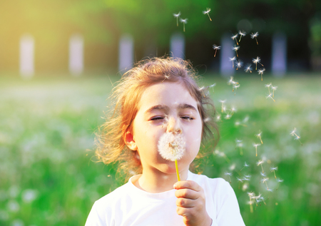 Beautiful little Girl blowing dandelion flower in sunny summer park. Happy cute kid having fun outdoors at sunset.の写真素材