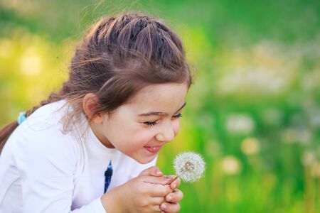 Beautiful little Girl blowing dandelion flower and smiling in summer park. Happy cute kid having fun outdoors.の写真素材