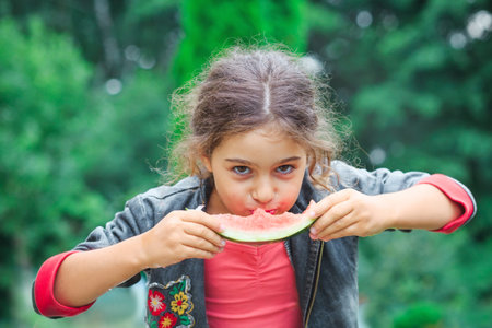 Little cute girl eating a juicy watermelon in the garden. Children eat fruit outdoors. Healthy food for children.の写真素材