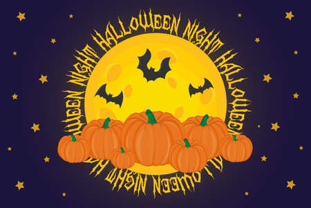 Halloween Night Background with Pumpkins, Moon, Stars and Text around the Moonのイラスト素材
