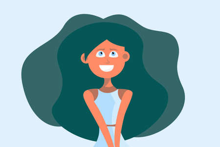 Happy Girl with Curly Green Hair on Blue background. Flat cartoon vector illustration.のイラスト素材