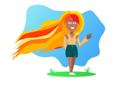 Girl with Long Colorful Hair Waving on White Background. Abstract sky and grass behind the girl. Flat cartoon vector illustration.のイラスト素材