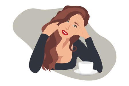 Woman Drinking Coffee On Light Gray Background. Brown Hair. Cup of Coffee. Flat Vector Illustrationのイラスト素材